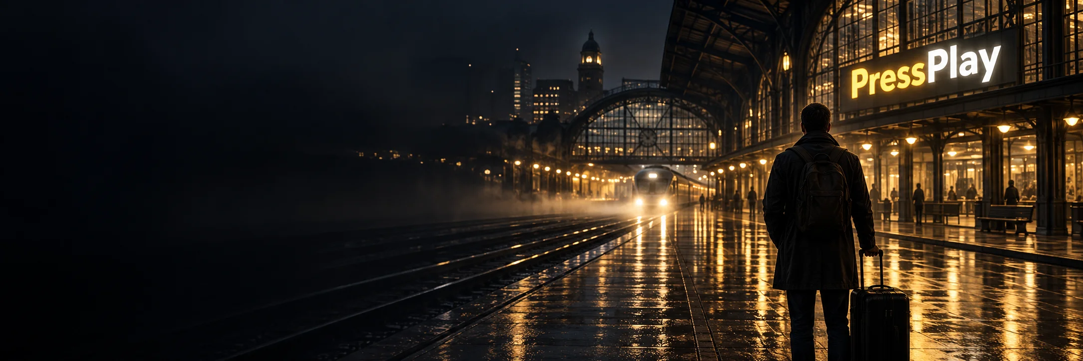 PressPlay in yellow and white above a cinematic night-time train platform